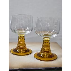 Two Roemer Cordial Glasses Amber Beehive Stems with Clear Bowls; 4.25" Tall